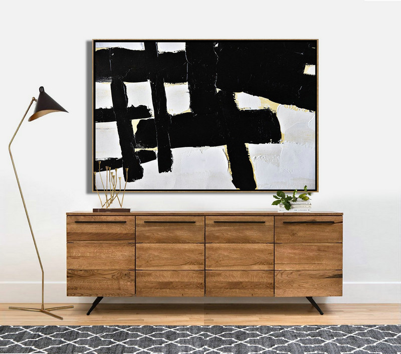 Big Canvas Painting,Horizontal Palette Knife Minimal Canvas Art Painting Black White Beige - Abstract Art Decor Large Canvas Painting